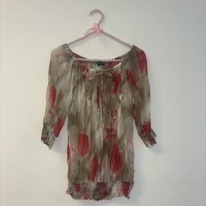 VTG Artsy Blouse Shirt‎ Women’s Sz Lg Bow Hippie Boho Stretch Smocked 3/4 Sleeve